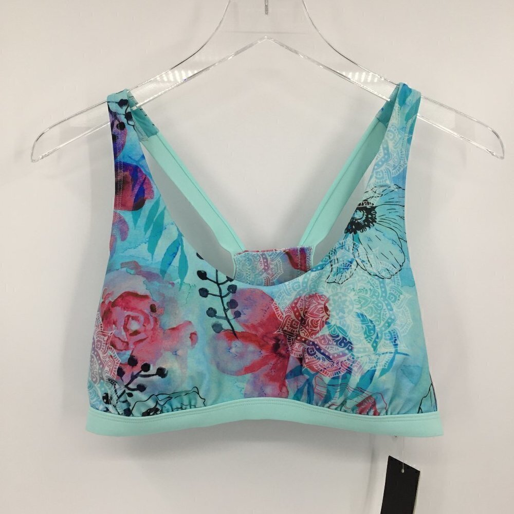 Adidas floral strappy back sports bra active aqua blue yoga athletic new Medium